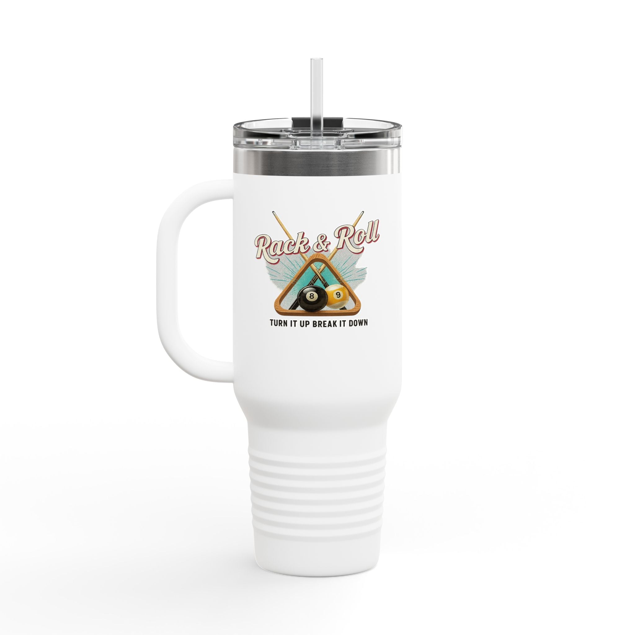 Rack & Roll v2 40oz Insulated Travel Mug – Pool Cue Billiards Design,