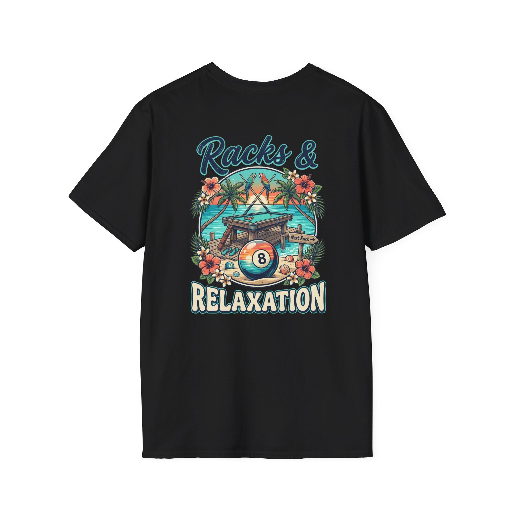 Racks & Relaxation Tropical Billiards T-Shirt | Beach Pool Player Graphic Tee | Front & Back Print