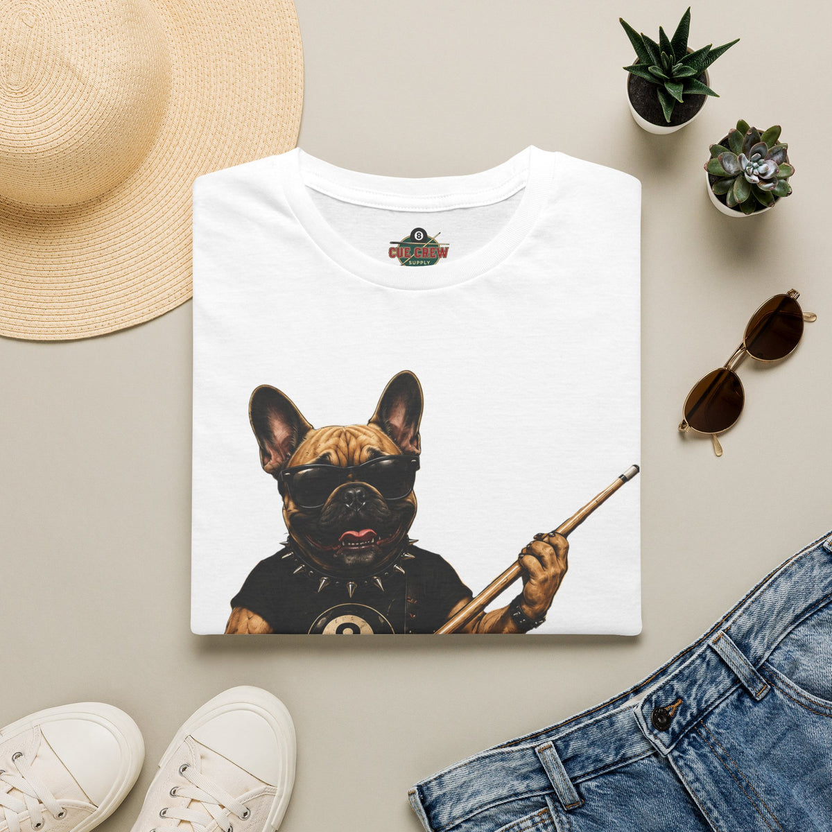 Rockin' French Bulldog Playing Cue Guitar Funny Billiards T-Shirt | Pool Dog Graphic Front Print Unisex Tee