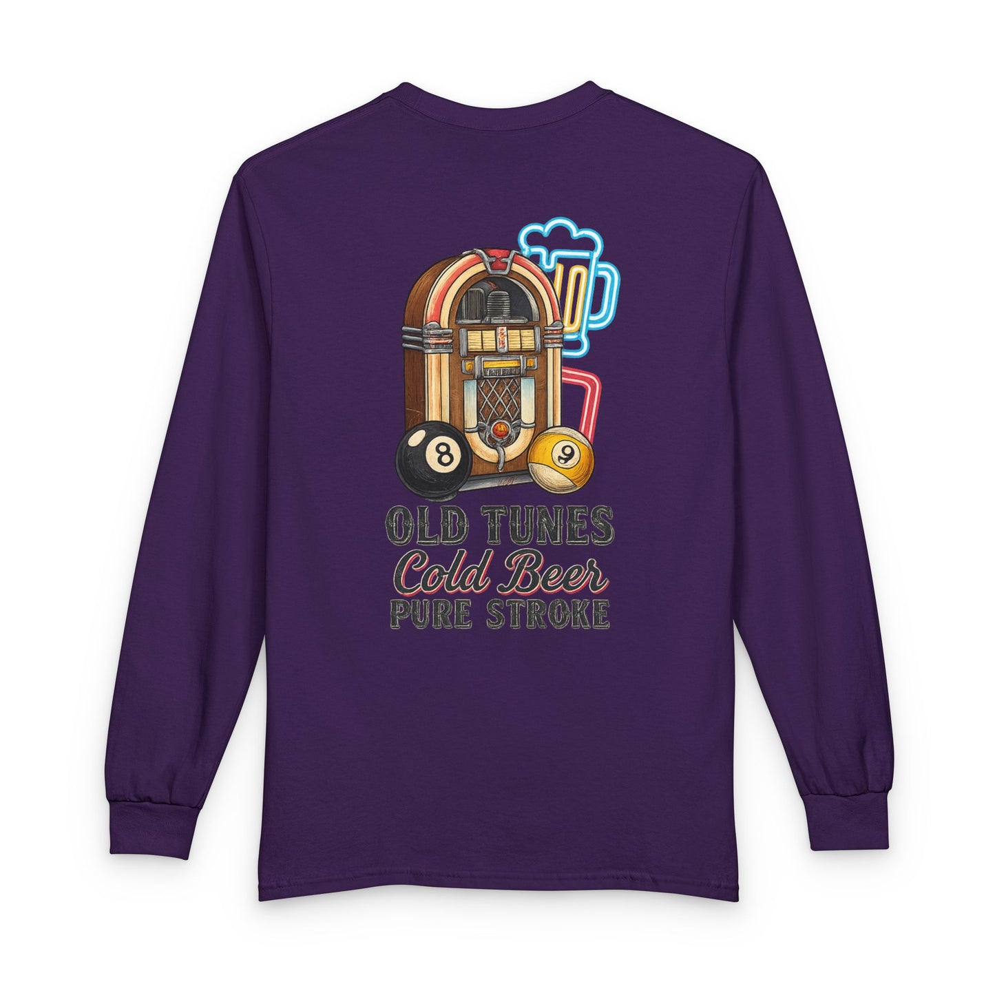 Old Tunes, Cold Beer, Pure Stroke Vintage Jukebox Billiards Long Sleeve Tee