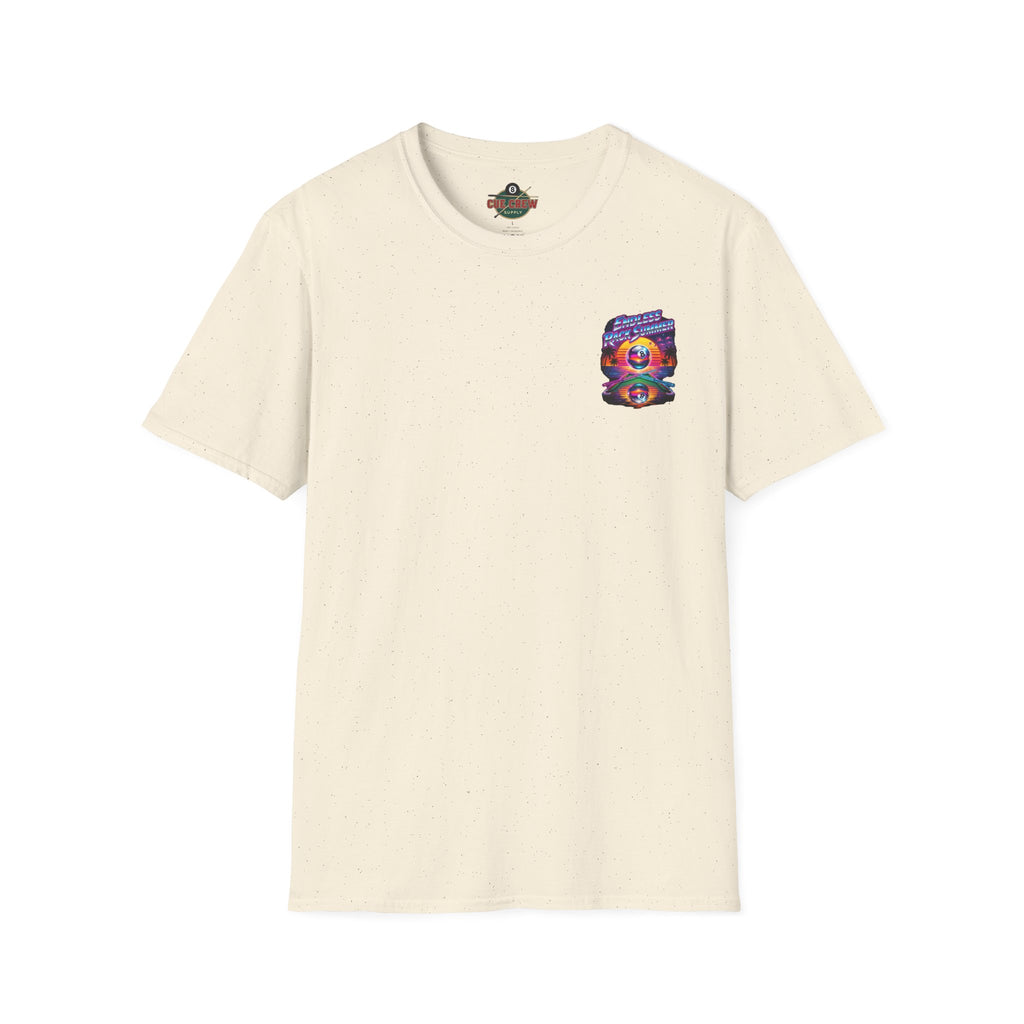 Endless Rack Summer Retro Sunset Billiards T-Shirt | Tropical 8 Ball Pool Player Graphic Tee | Front & Back Print