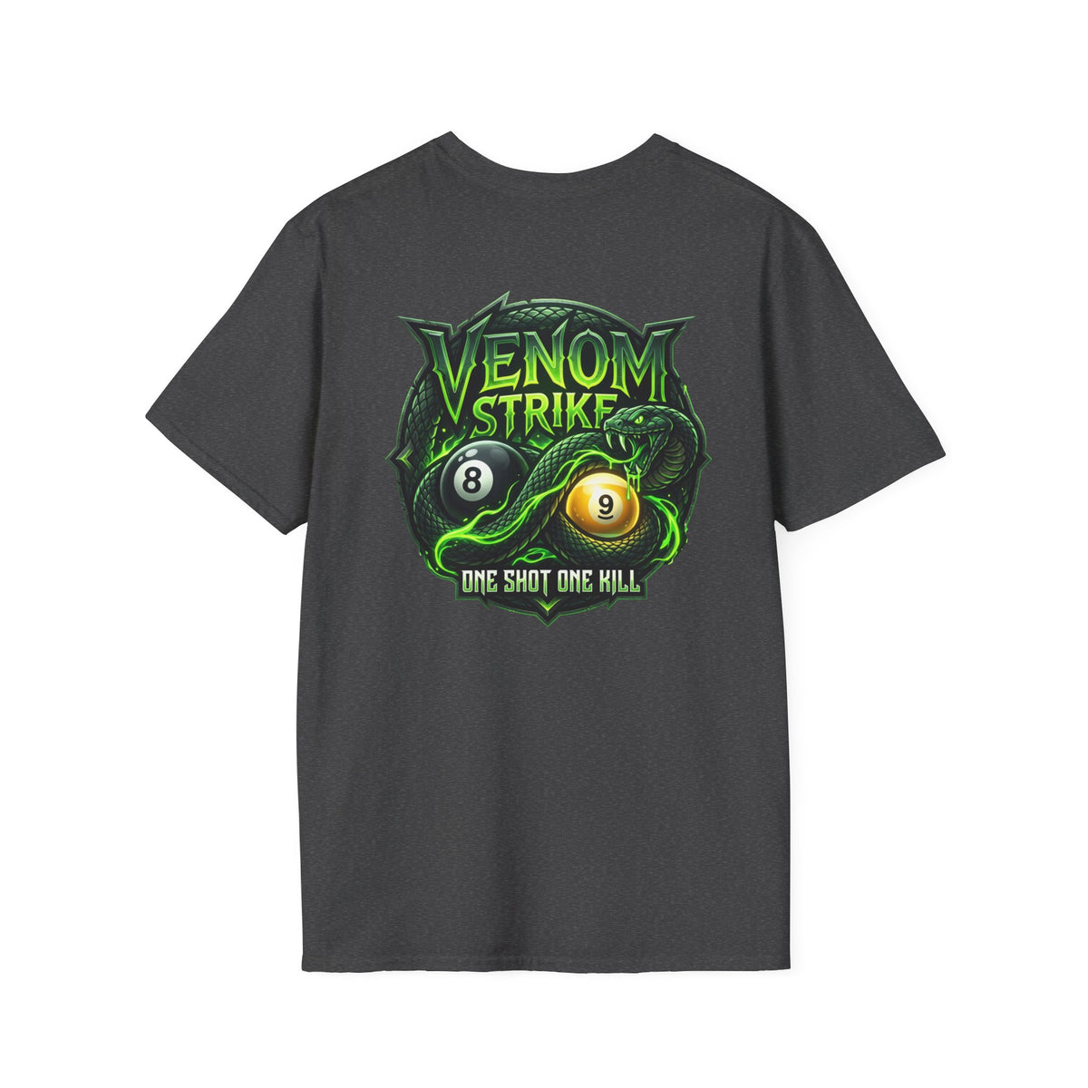 Venom Strike Snake Billiards T-Shirt | One Shot One Kill Pool Player Graphic Tee | Front & Back Print