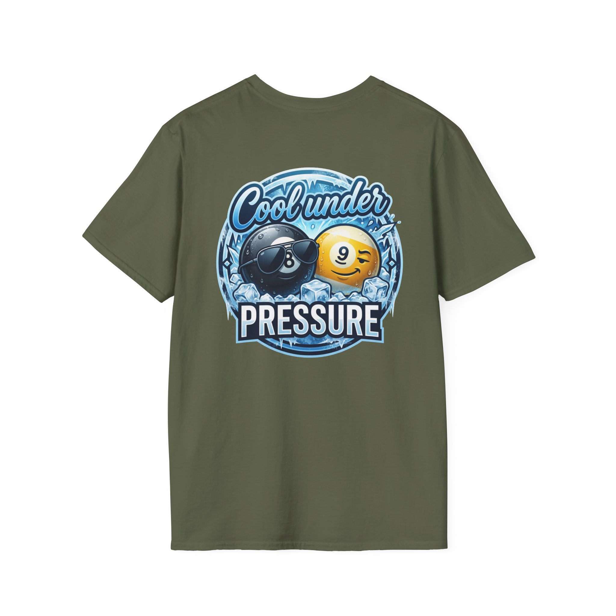 Cool Under Pressure Billiards T-Shirt | Ice Cold 8 Ball & 9 Ball Pool Player Graphic Tee | Front & Back Print