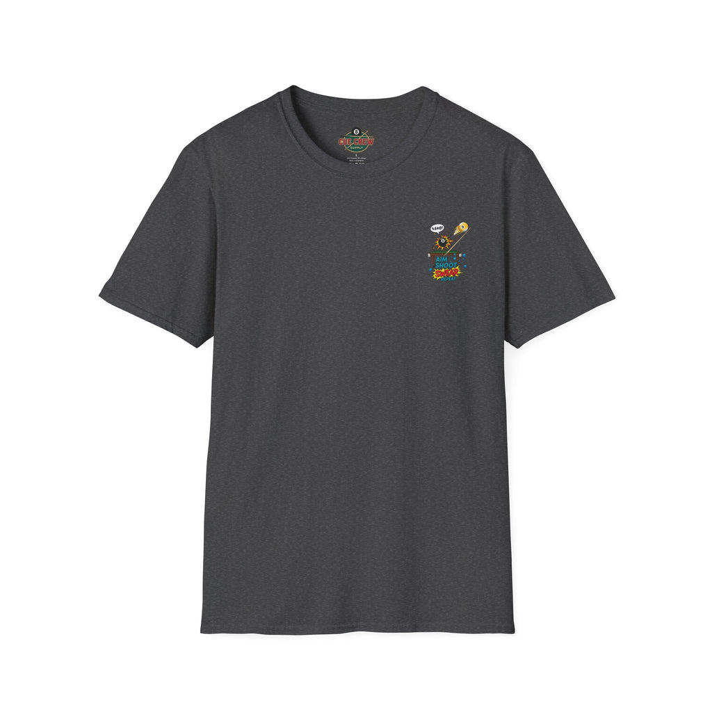 Aim Shoot Swear Repeat Funny Billiards T-Shirt | Comic Pool Player Graphic Tee | Front & Back Print