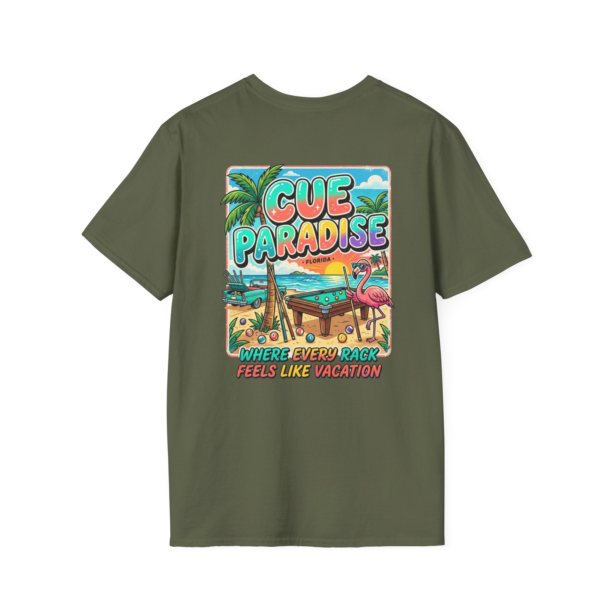 Cue Paradise Florida Billiards T-Shirt | Tropical Pool Player Beach Graphic Tee | Front & Back Print