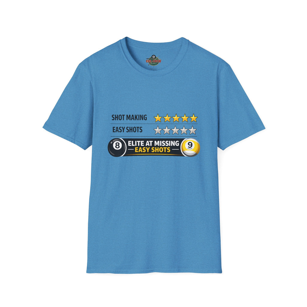 Elite At Missing Easy Shots Funny Billiards T-Shirt | 8 Ball & 9 Ball Graphic Unisex Tee | Front Print Only