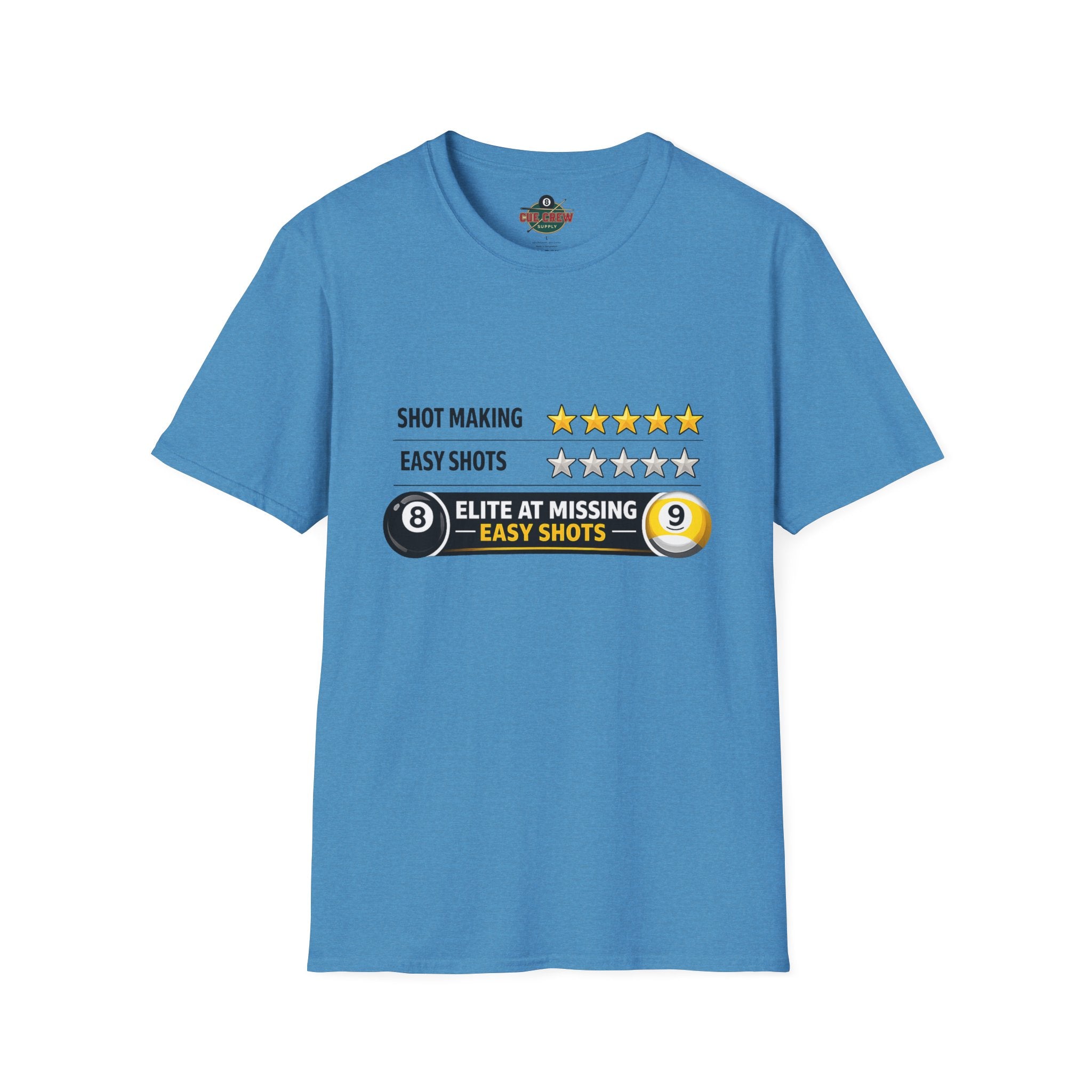 Elite At Missing Easy Shots Funny Billiards T-Shirt | 8 Ball & 9 Ball Graphic Unisex Tee | Front Print Only