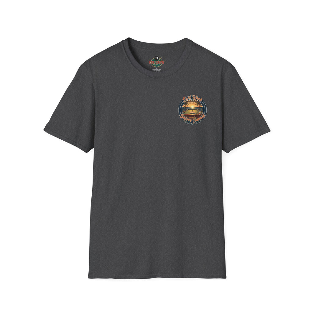 Last Rack Before Sunset Billiards T-Shirt | Tropical Pool Player Beach Graphic Tee | Front & Back Print