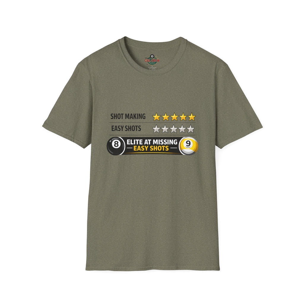 Elite At Missing Easy Shots Funny Billiards T-Shirt | 8 Ball & 9 Ball Graphic Unisex Tee | Front Print Only