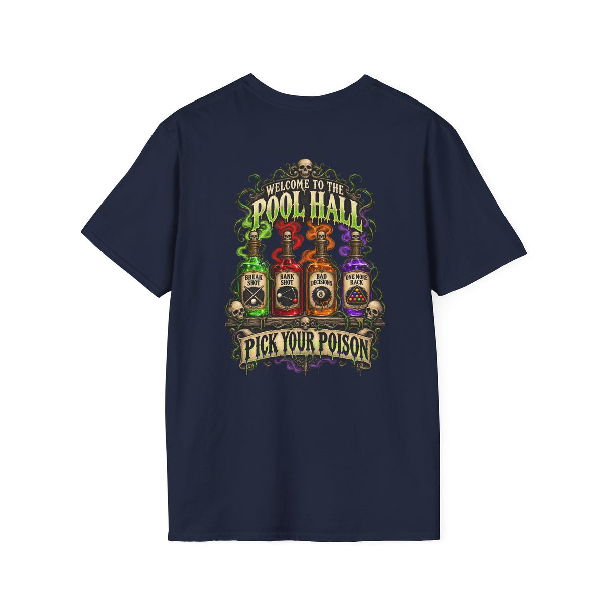 Pick Your Poison – Halloween Billiards T-Shirt – Front & Back Pool Tee | CCS-HST-003