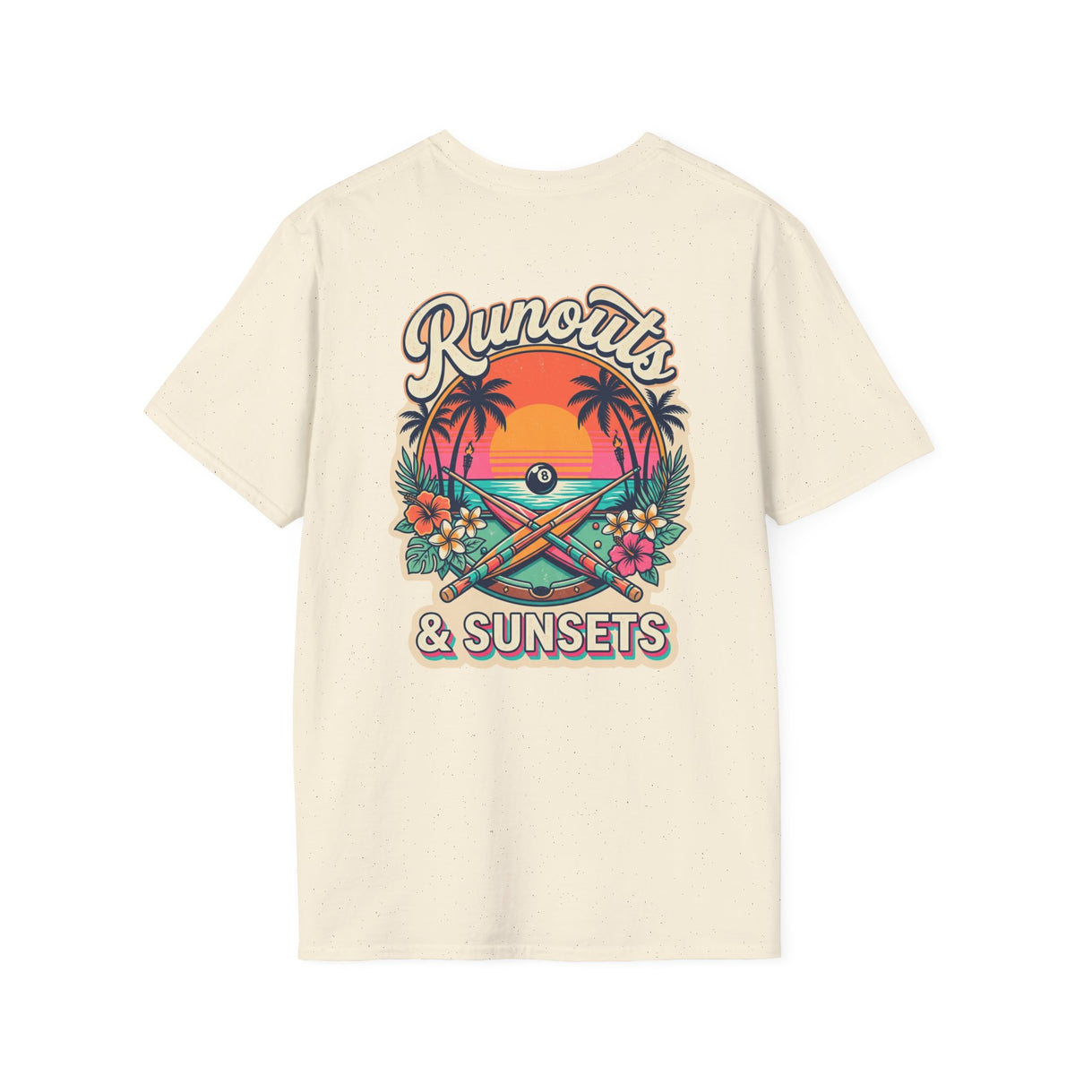 Runouts & Sunsets Tropical Billiards T-Shirt | Beach Pool Player Graphic Tee | Front & Back Print