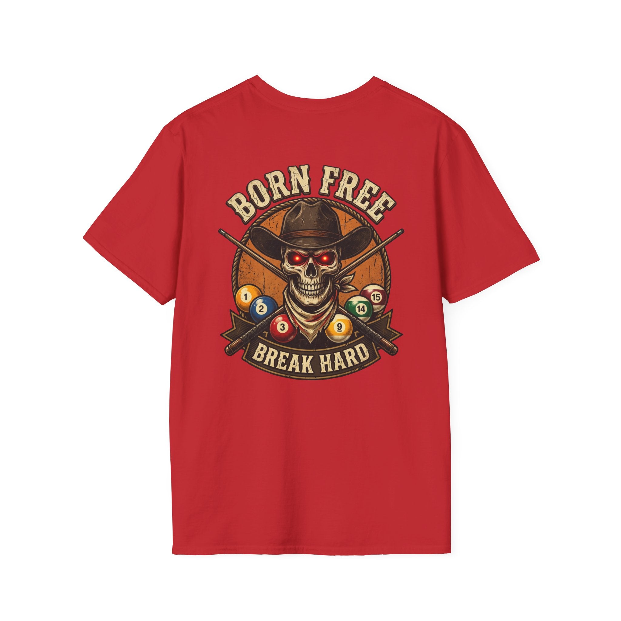 Born Free Break Hard Cowboy Skull Billiards T-Shirt | Western Pool Player Graphic Tee | Front & Back Print