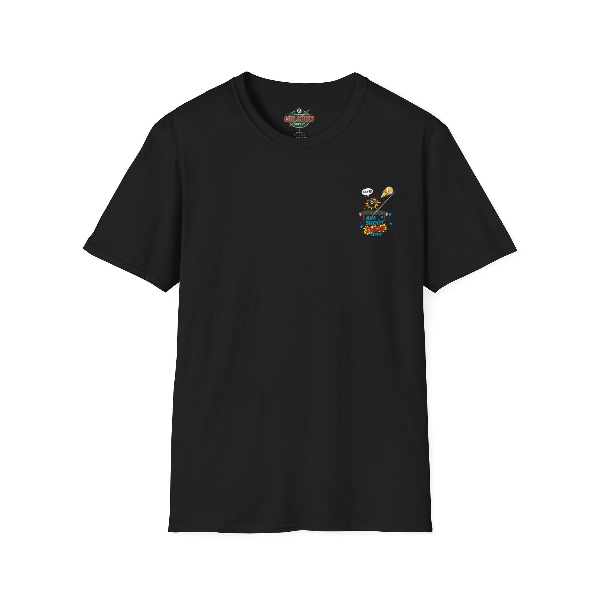 Aim Shoot Swear Repeat Funny Billiards T-Shirt | Comic Pool Player Graphic Tee | Front & Back Print