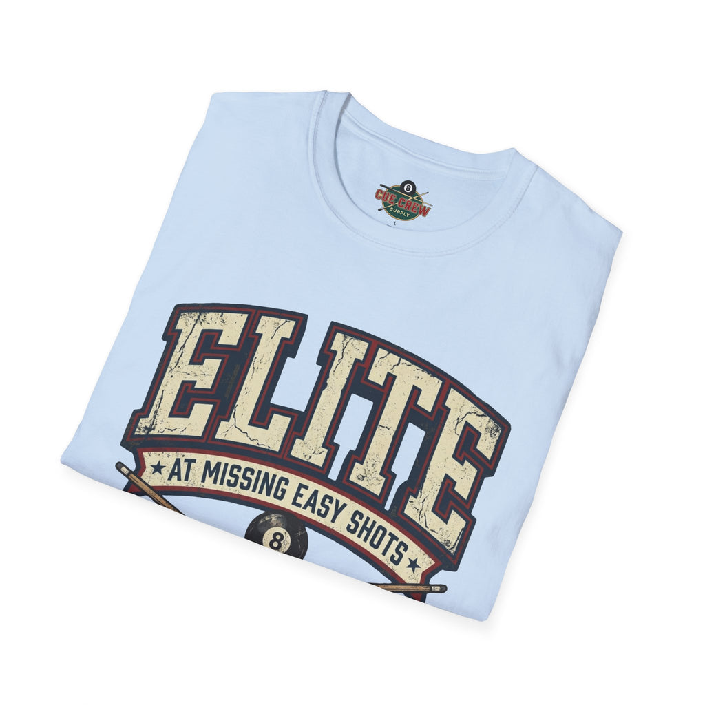 Elite at Missing Easy Shots V2 Funny Billiards T-Shirt | Vintage 8 Ball Pool Player Graphic Unisex Tee