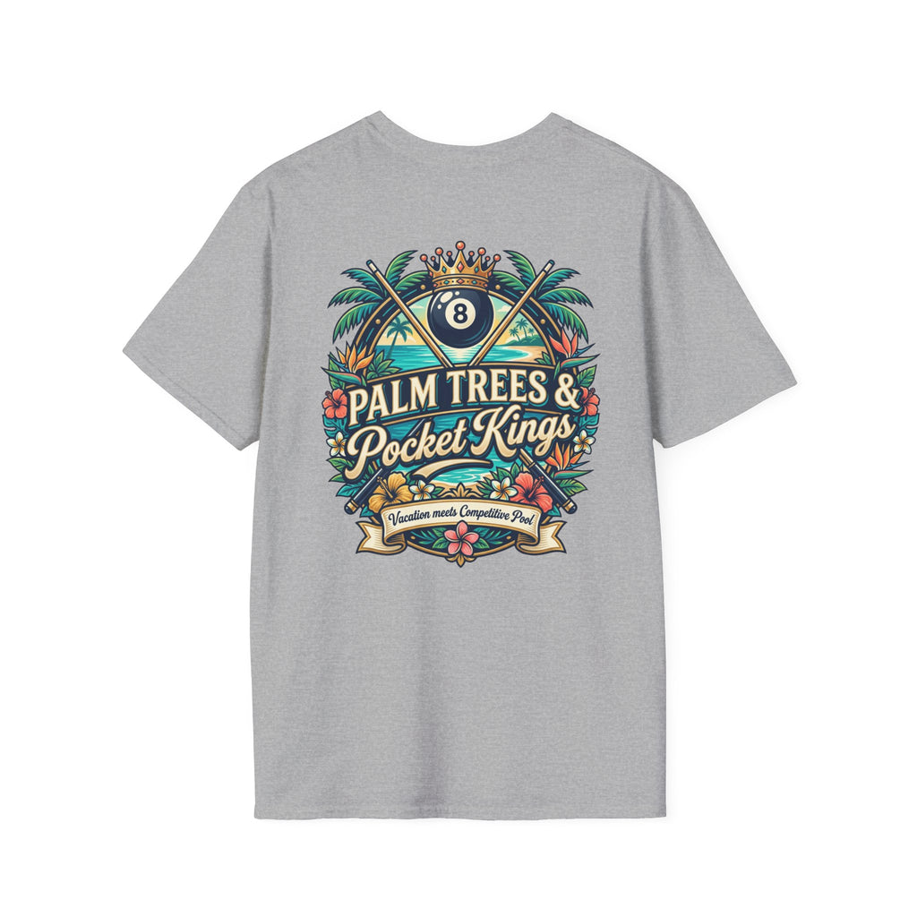 Palm Trees & Pocket Kings Billiards T-Shirt | Tropical Pool Player Graphic Tee | Vacation Pool Hall Shirt | Front & Back Print