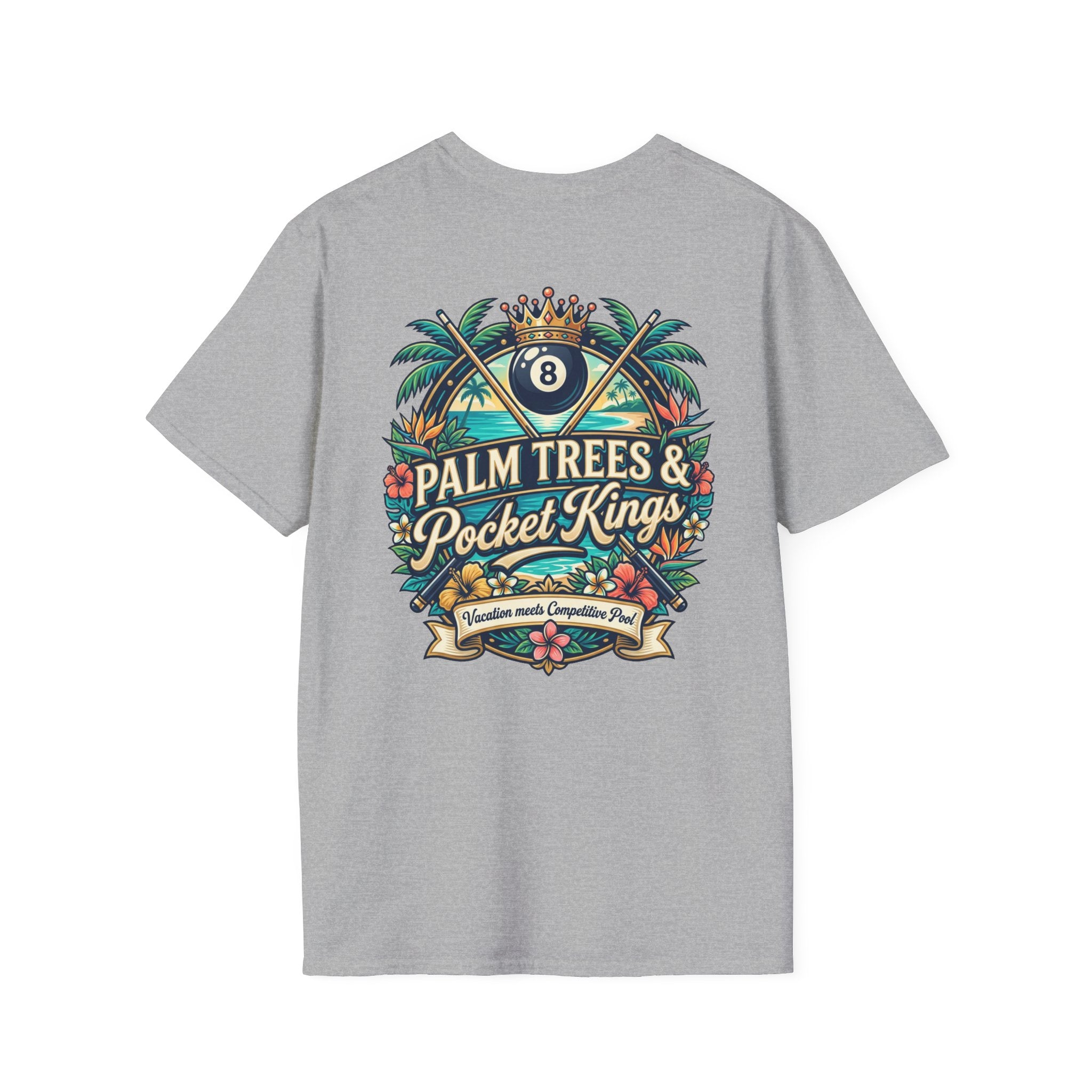 Palm Trees & Pocket Kings Billiards T-Shirt | Tropical Pool Player Graphic Tee | Vacation Pool Hall Shirt | Front & Back Print