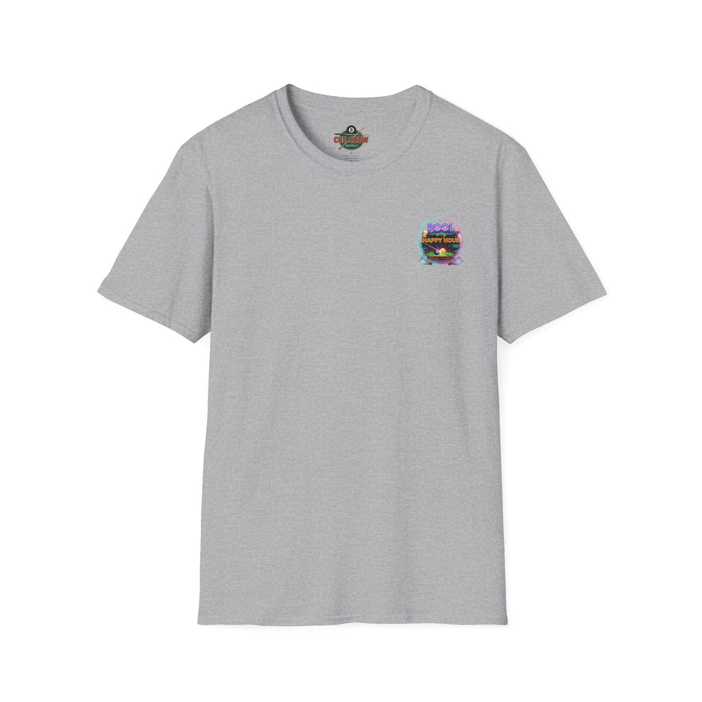 Pool Is My Happy Hour Funny Billiards T-Shirt | Neon Pool Hall Graphic Tee | Front & Back Print