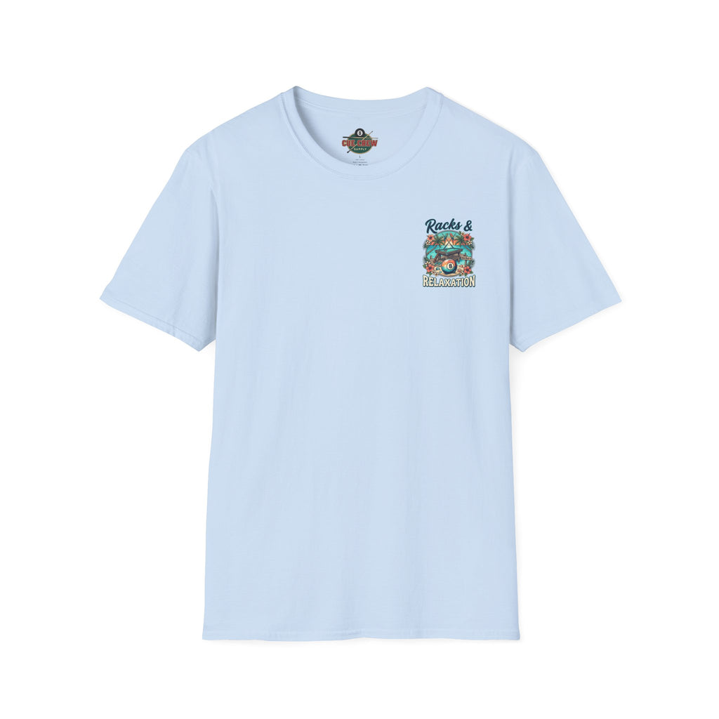 Racks & Relaxation Tropical Billiards T-Shirt | Beach Pool Player Graphic Tee | Front & Back Print