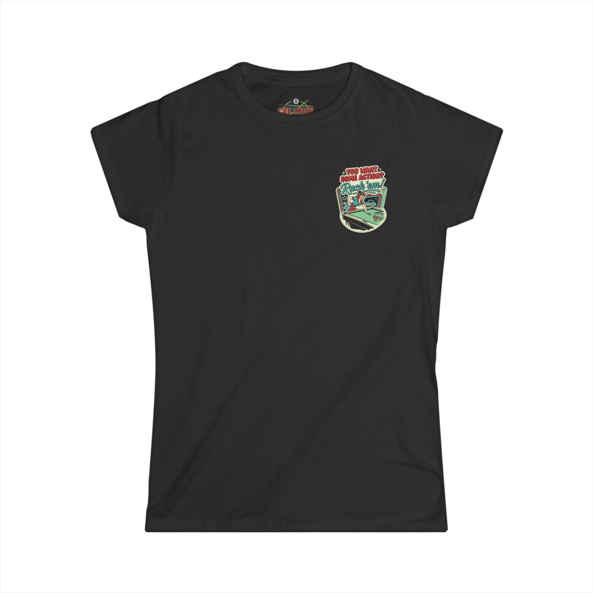 You Want Some Action? Rack ’Em Women’s Billiards T-Shirt – Retro Pool Player Graphic Tee