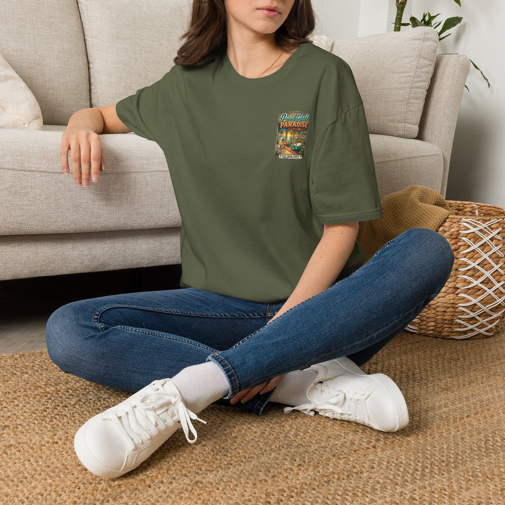 Pool Hall Paradise Tropical Billiards T-Shirt | Beach Bar Pool Player Graphic Tee | Front & Back Print