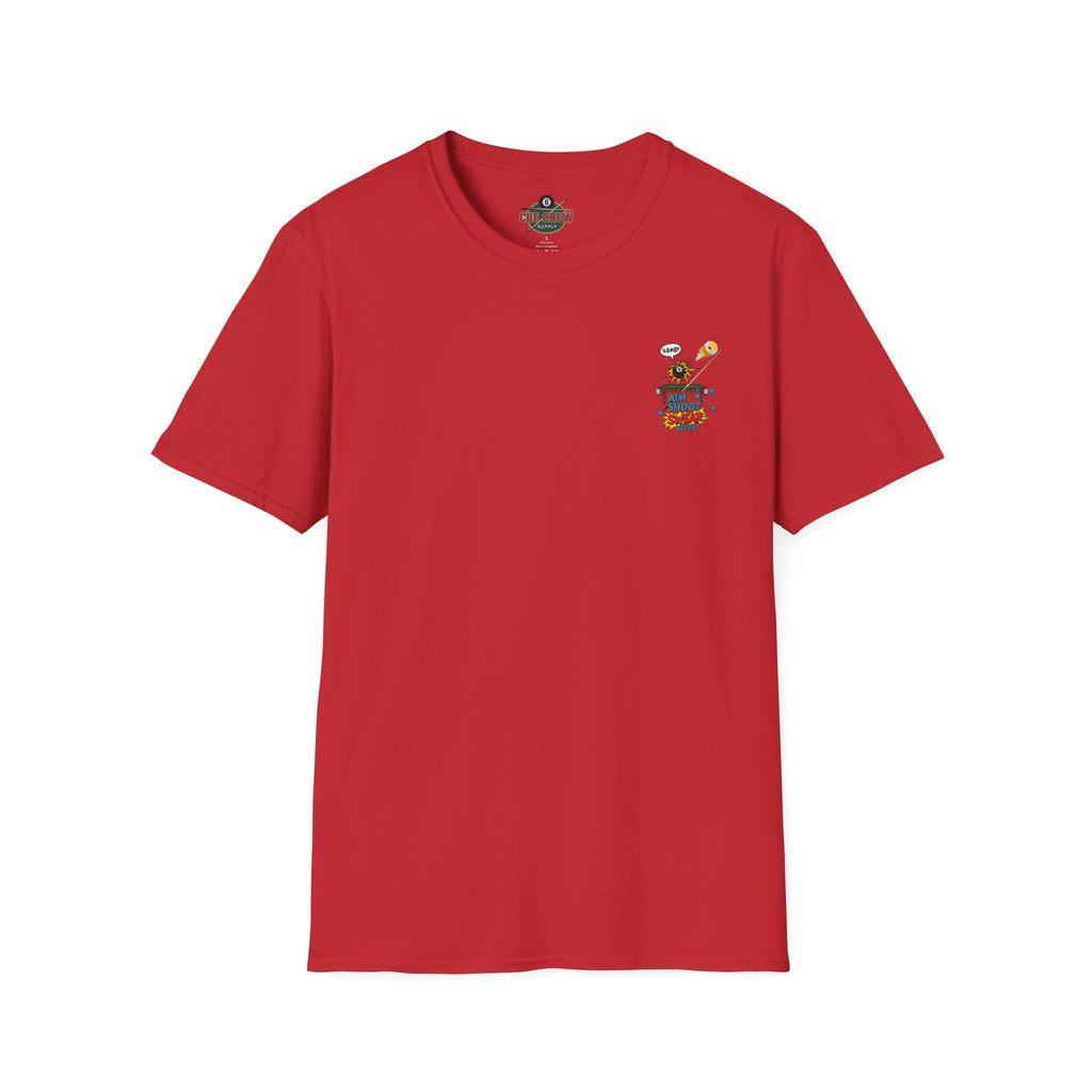 Aim Shoot Swear Repeat Funny Billiards T-Shirt | Comic Pool Player Graphic Tee | Front & Back Print