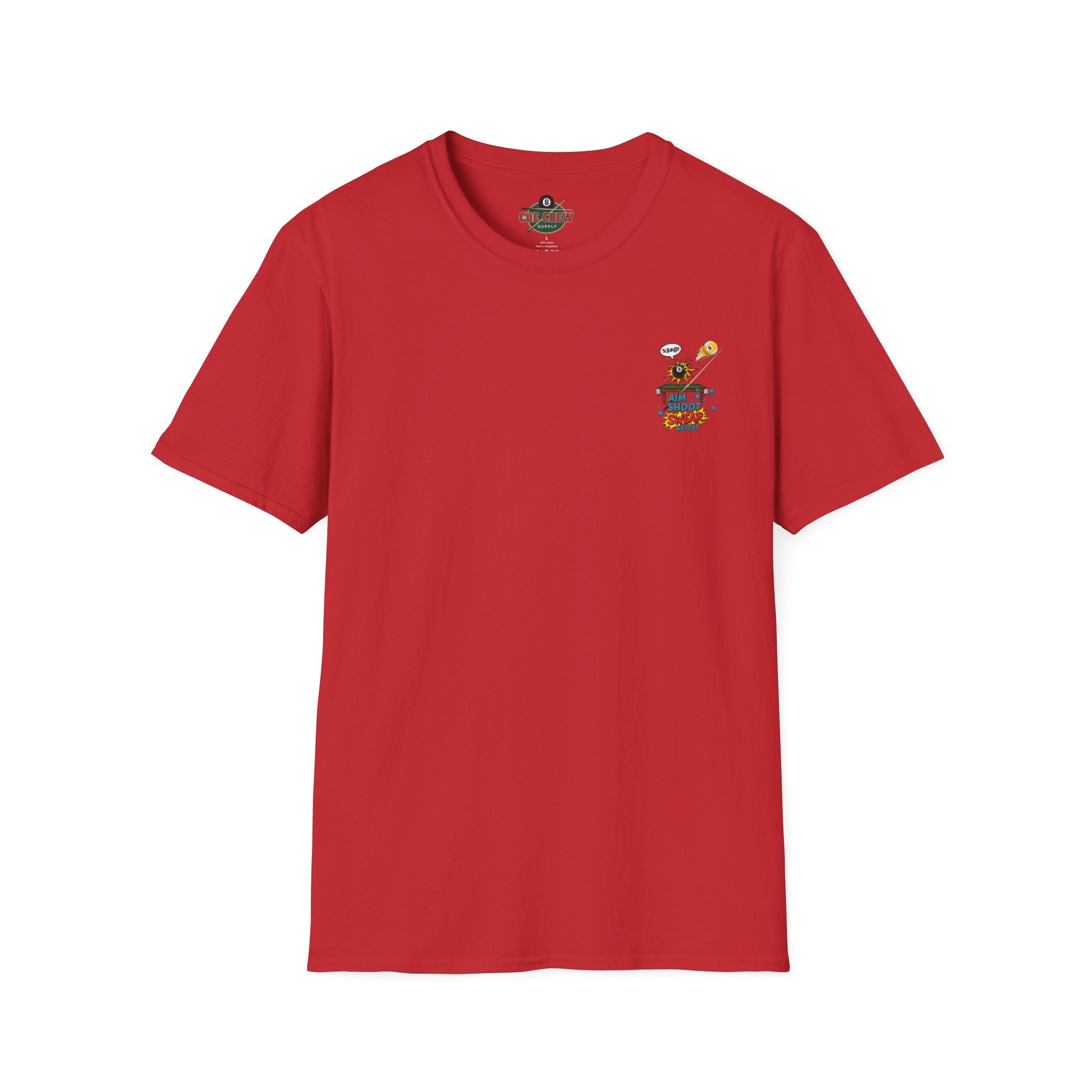 Aim Shoot Swear Repeat Funny Billiards T-Shirt | Comic Pool Player Graphic Tee | Front & Back Print