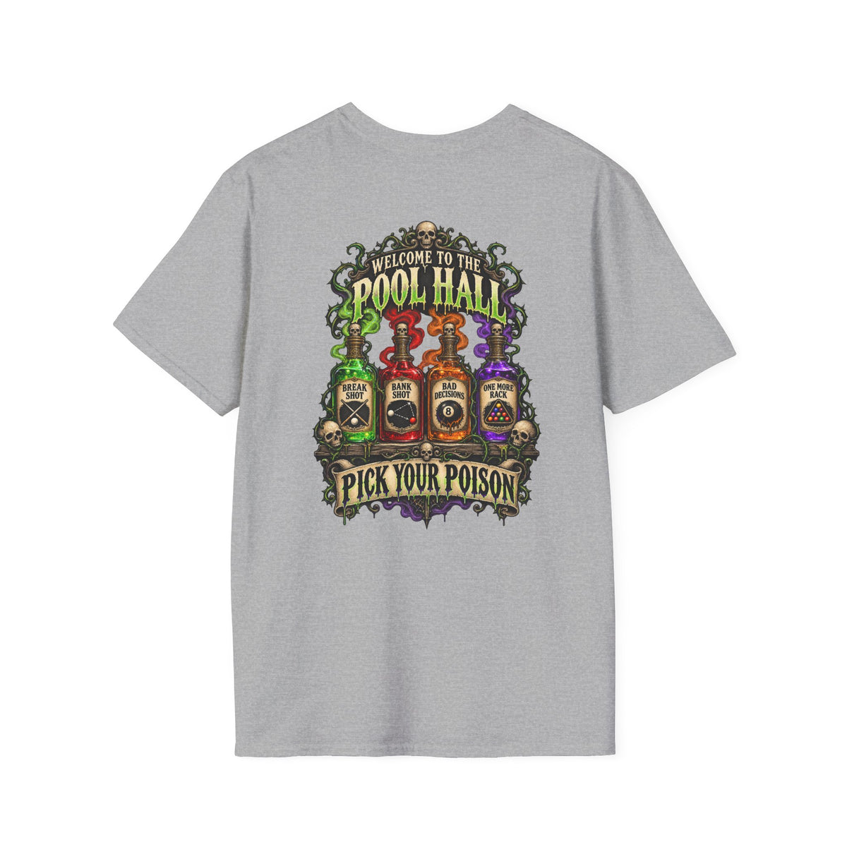 Pick Your Poison – Halloween Billiards T-Shirt – Front & Back Pool Tee | CCS-HST-003
