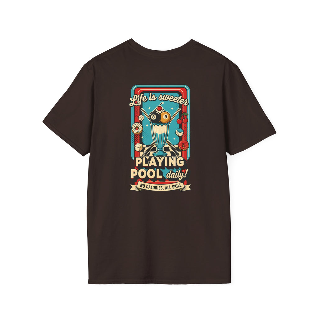 Life Is Sweeter Playing Pool Daily! Funny Billiards Ice Cream Sundae Graphic T-Shirt | Front & Back Print