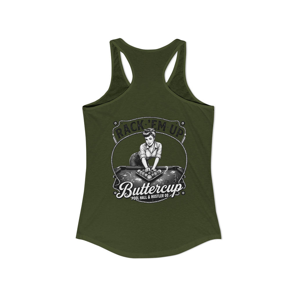 Rack 'Em Up Buttercup Women's Racerback Tank Top | Vintage Pool Hall Billiards Graphic Tank | Cue Crew Supply