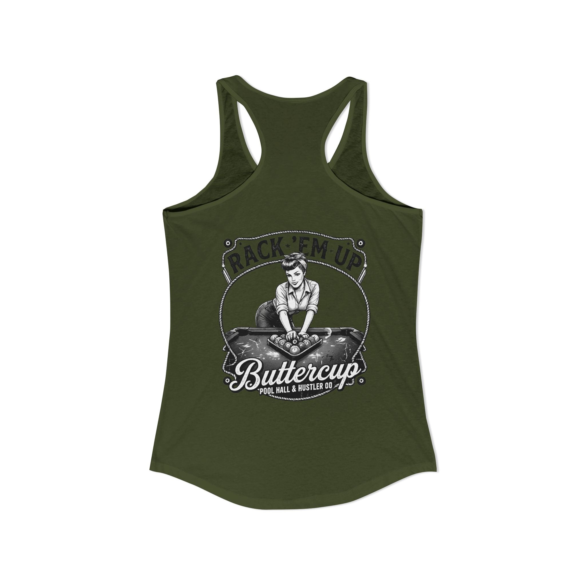 Rack 'Em Up Buttercup Women's Racerback Tank Top | Vintage Pool Hall Billiards Graphic Tank | Cue Crew Supply