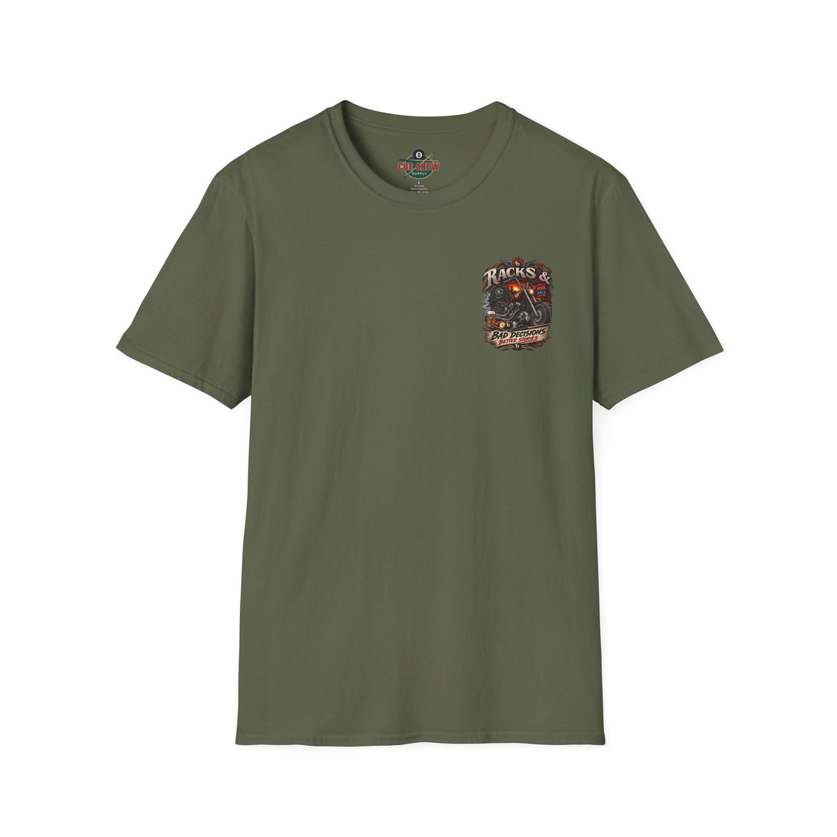 Racks & Bad Decisions Better Stories – Biker Billiards T-Shirt – Front & Back Pool Tee