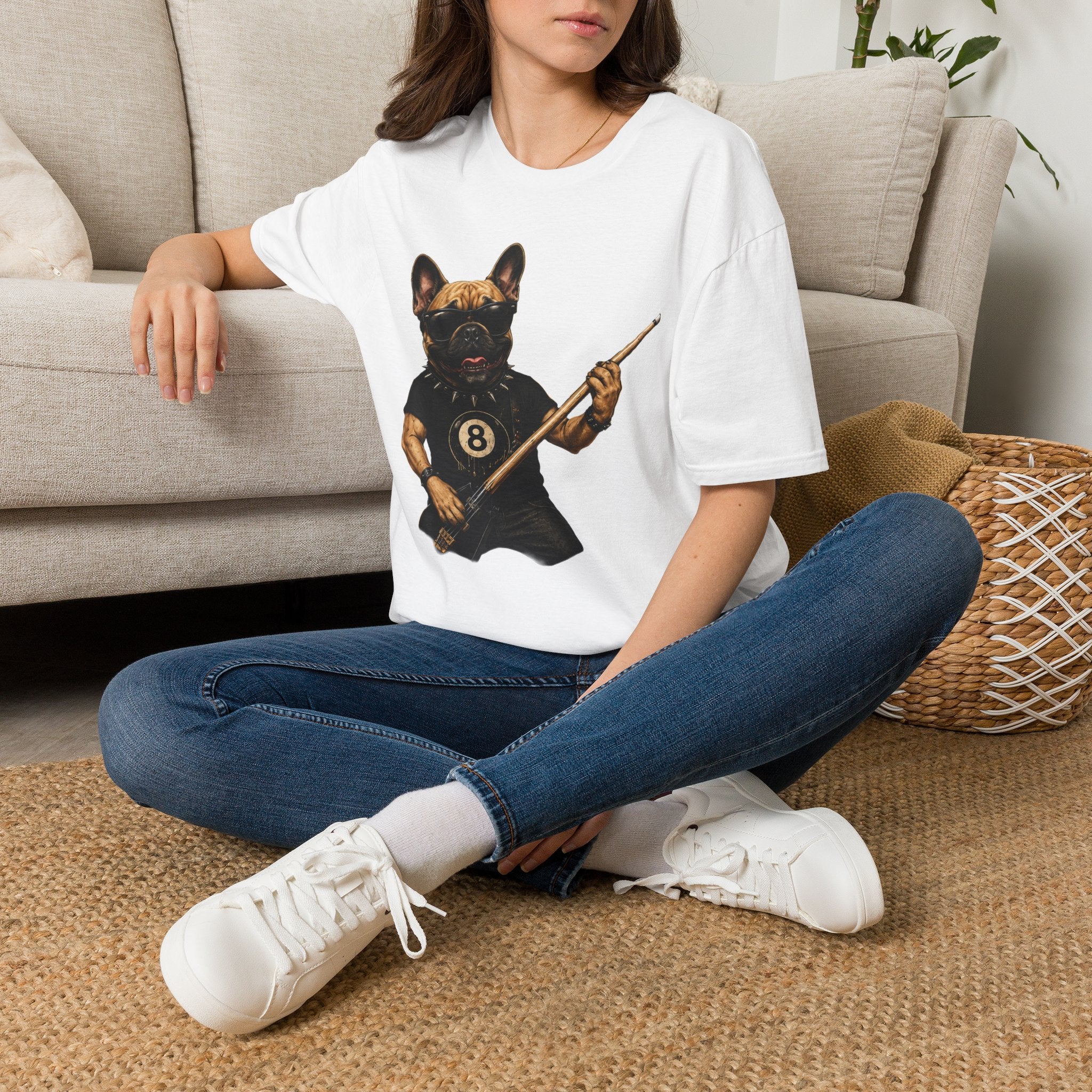 Rockin' French Bulldog Playing Cue Guitar Funny Billiards T-Shirt | Pool Dog Graphic Front Print Unisex Tee