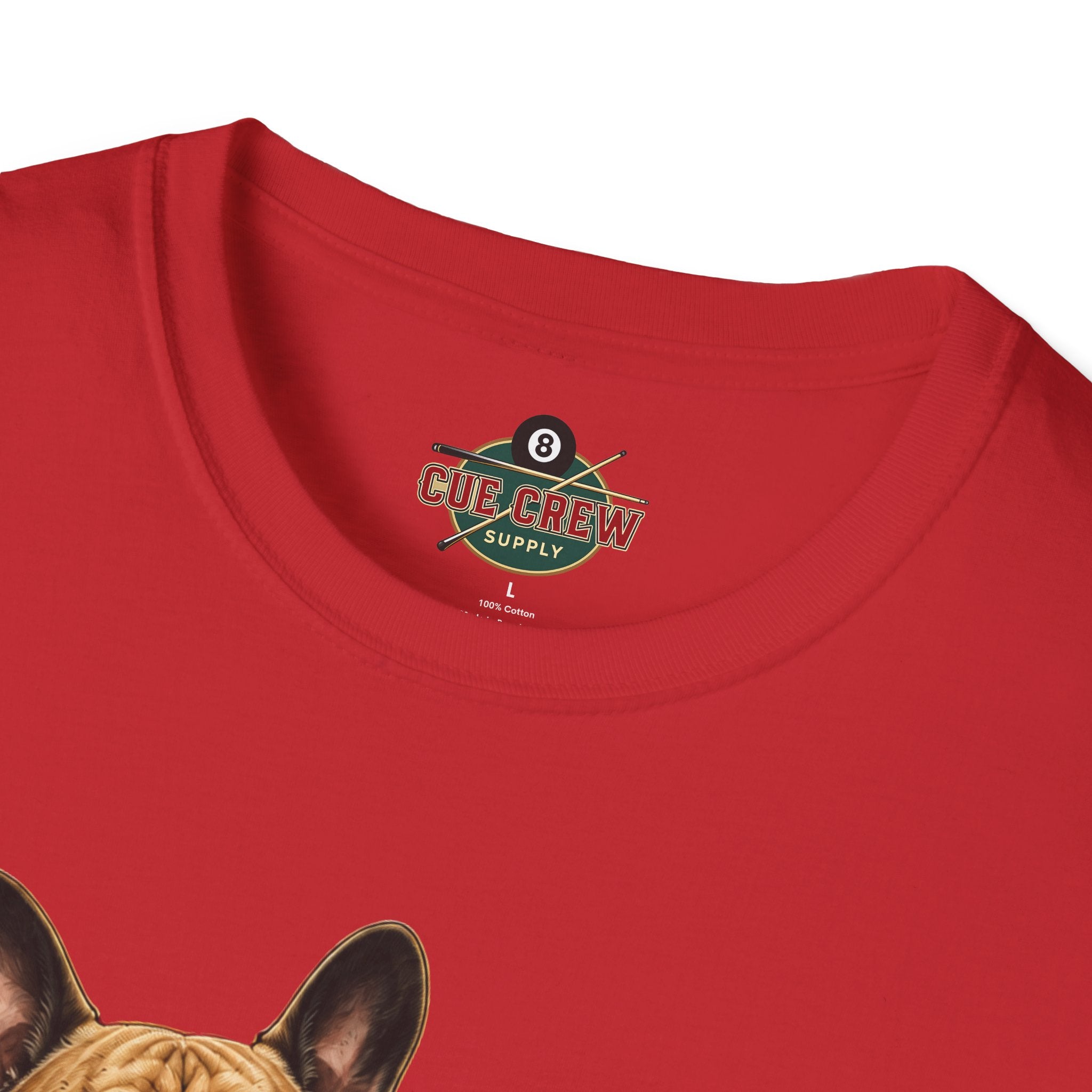Rockin' French Bulldog Playing Cue Guitar Funny Billiards T-Shirt | Pool Dog Graphic Front Print Unisex Tee