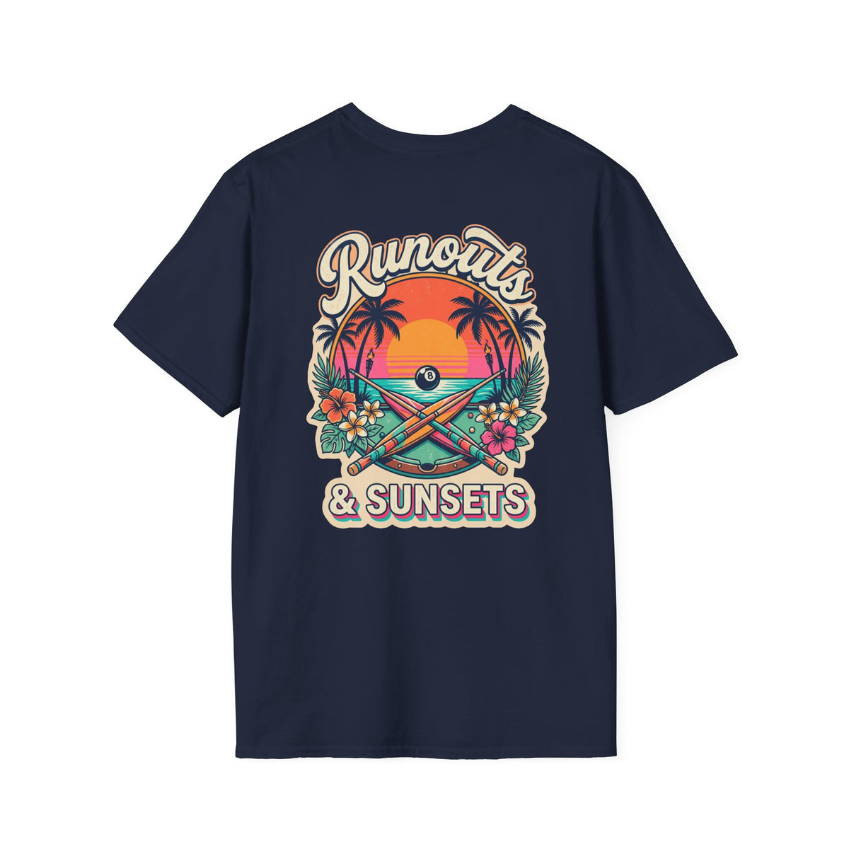 Runouts & Sunsets Tropical Billiards T-Shirt | Beach Pool Player Graphic Tee | Front & Back Print