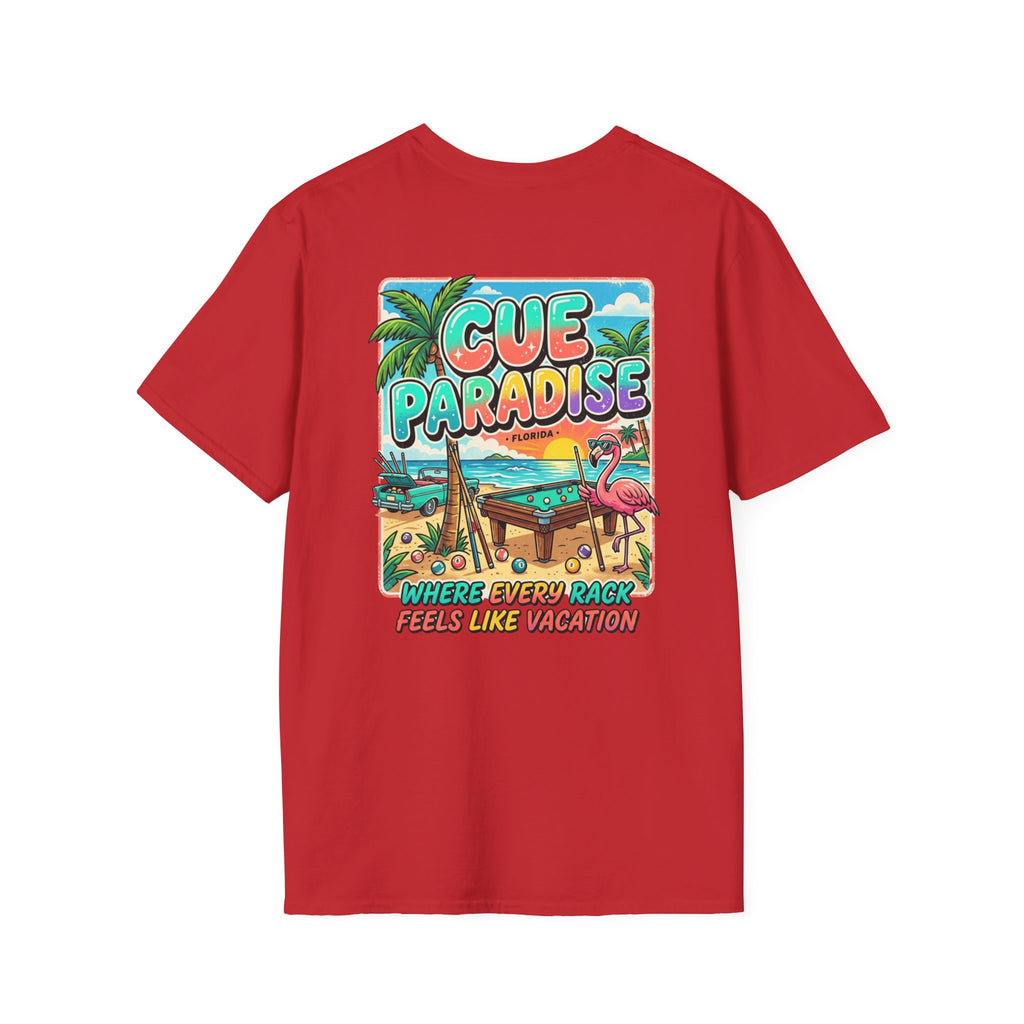 Cue Paradise Florida Billiards T-Shirt | Tropical Pool Player Beach Graphic Tee | Front & Back Print
