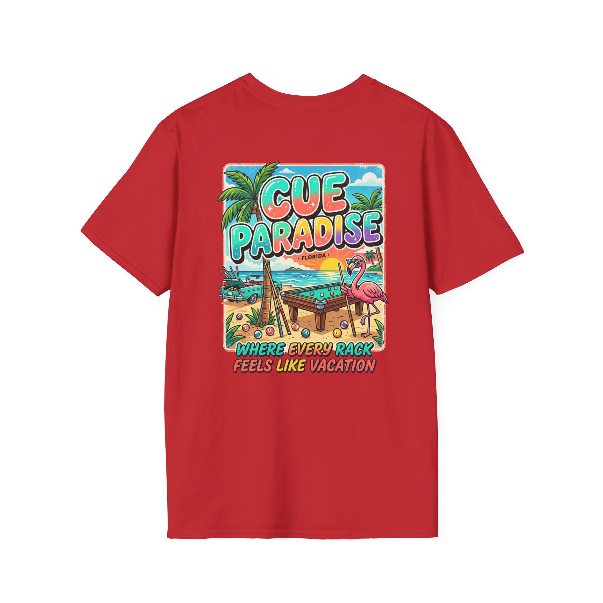 Cue Paradise Florida Billiards T-Shirt | Tropical Pool Player Beach Graphic Tee | Front & Back Print