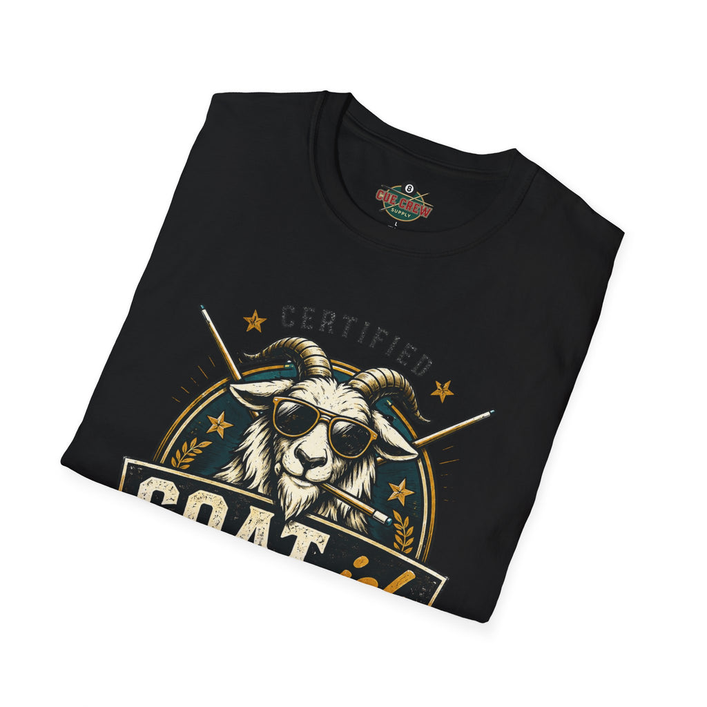 Certified GOAT-ish Funny Billiards T-Shirt | Pool Player Graphic Unisex Tee | 8 Ball Goat Design - Front Only