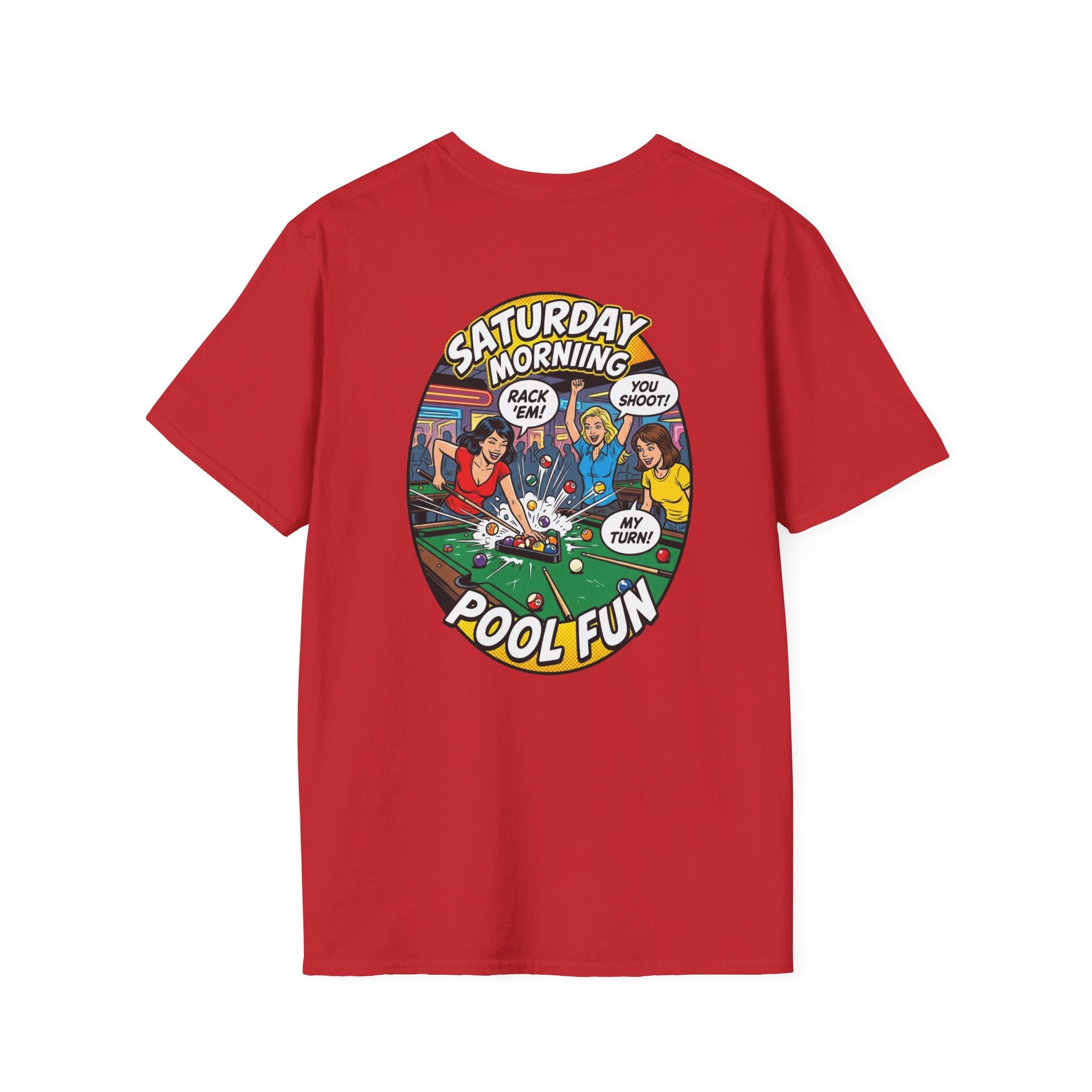 Saturday Morning Pool Fun Retro Comic Billiards T-Shirt | Funny Pool Player Graphic Tee | Front & Back Print