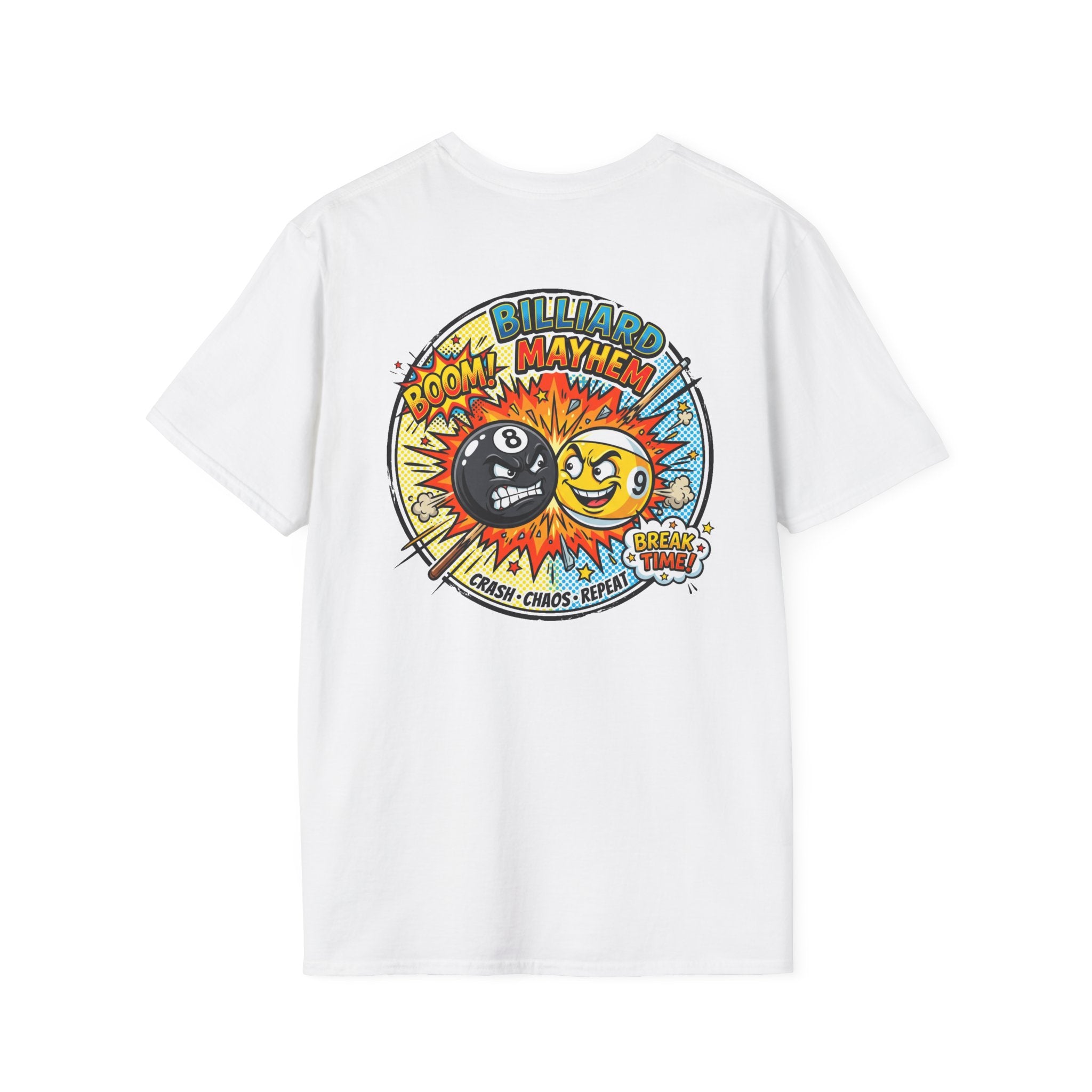 Billiard Mayhem Comic Pool Player T-Shirt | Boom! Break Time! Funny 8 Ball & 9 Ball Graphic Tee | Front & Back Print