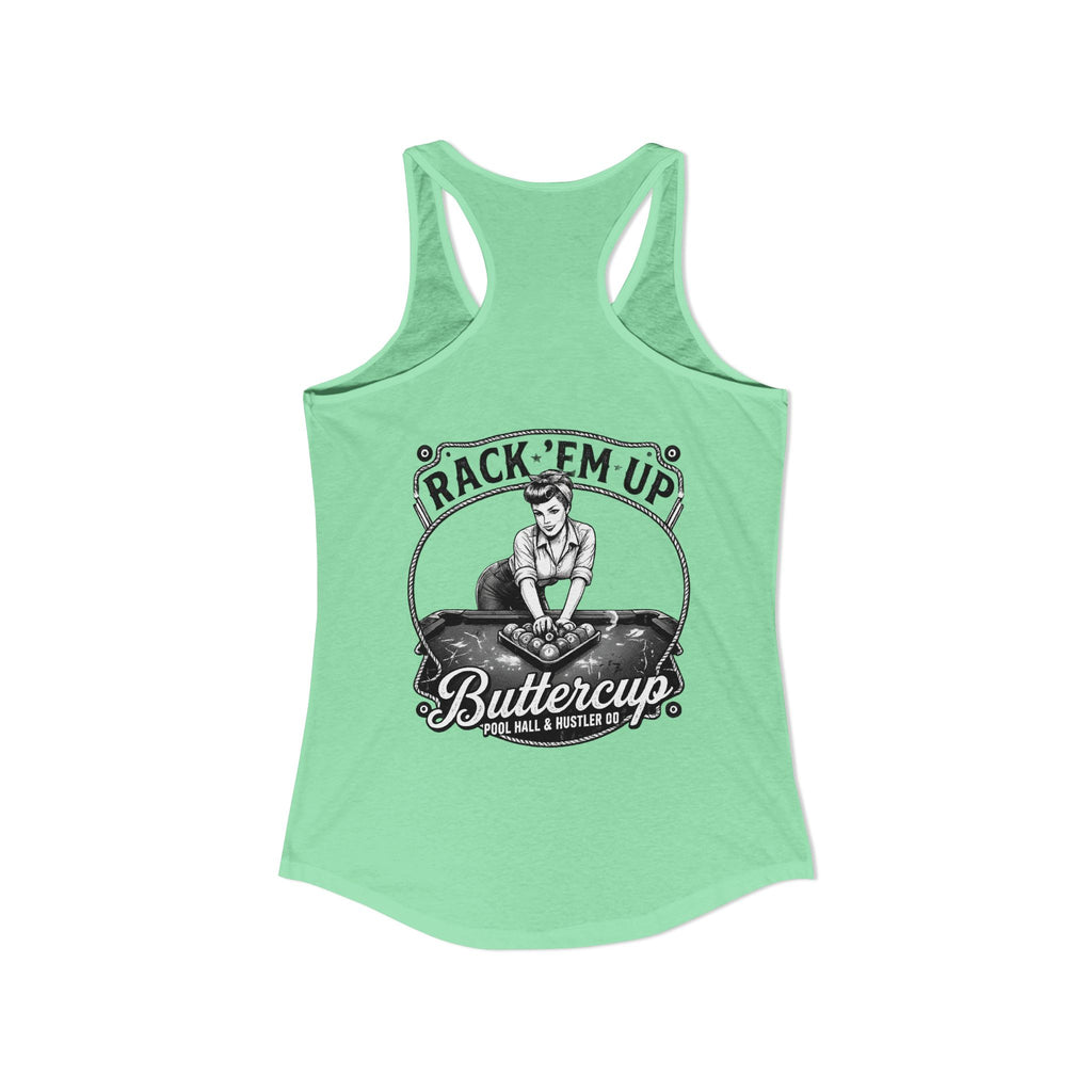 Rack 'Em Up Buttercup Women's Racerback Tank Top | Vintage Pool Hall Billiards Graphic Tank | Cue Crew Supply