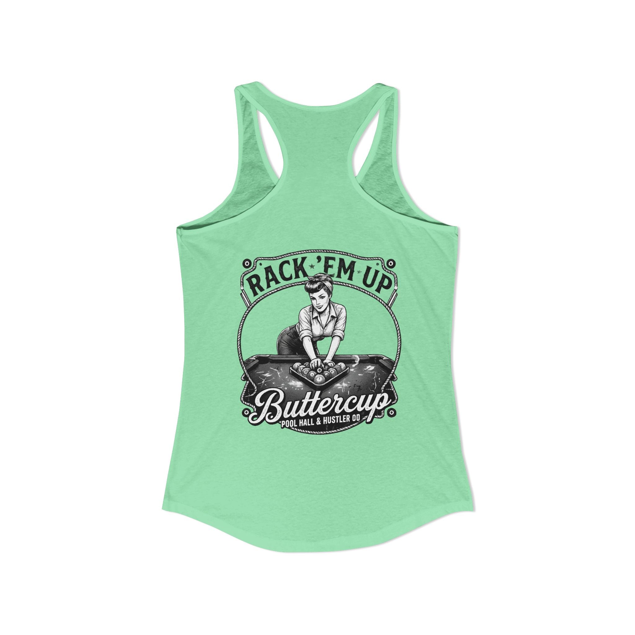 Rack 'Em Up Buttercup Women's Racerback Tank Top | Vintage Pool Hall Billiards Graphic Tank | Cue Crew Supply