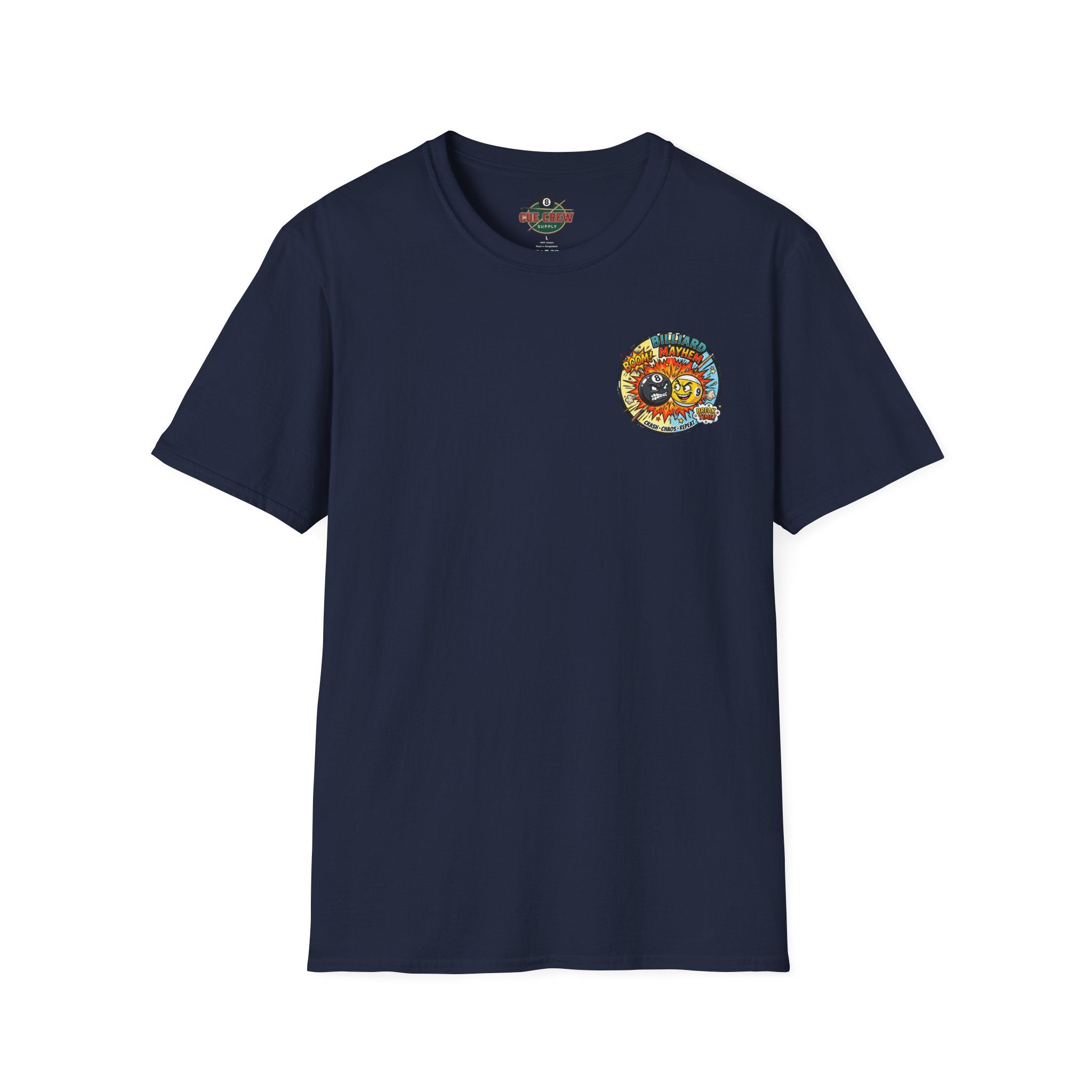 Billiard Mayhem Comic Pool Player T-Shirt | Boom! Break Time! Funny 8 Ball & 9 Ball Graphic Tee | Front & Back Print