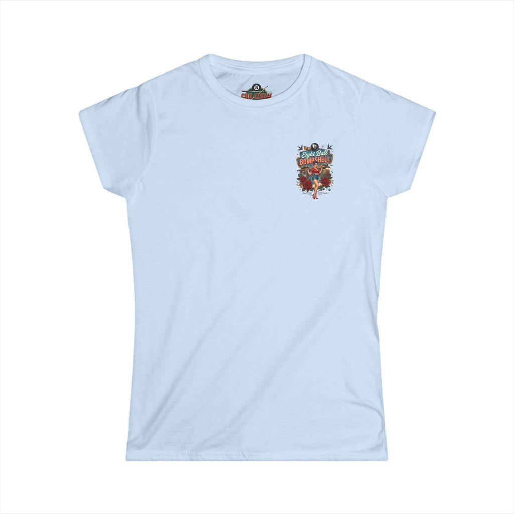 Eight Ball Bombshell V2 Women's Billiards T-Shirt | Retro Pin-Up Pool Player Graphic Tee | Front & Back Print