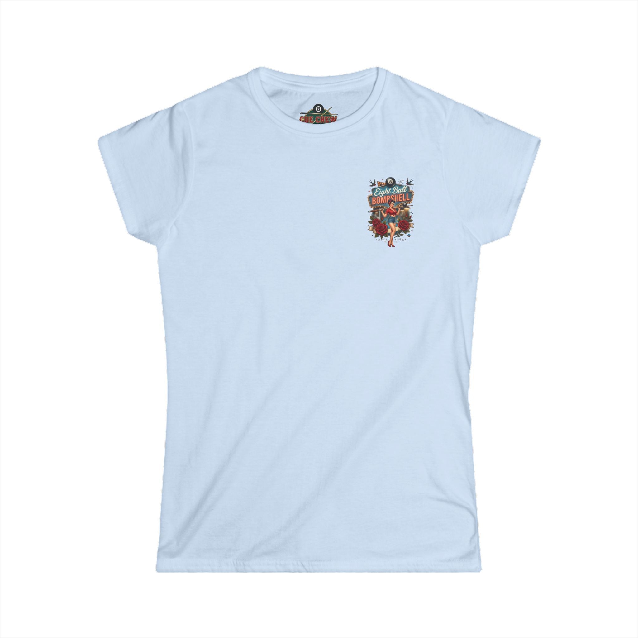 Eight Ball Bombshell V2 Women's Billiards T-Shirt | Retro Pin-Up Pool Player Graphic Tee | Front & Back Print