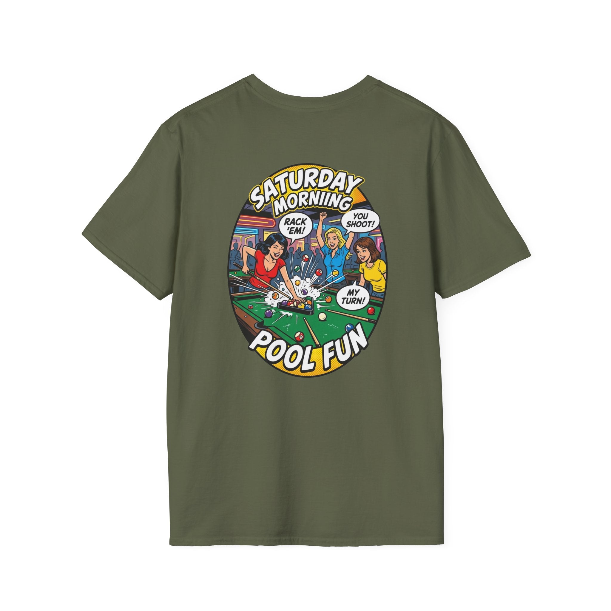 Saturday Morning Pool Fun Retro Comic Billiards T-Shirt | Funny Pool Player Graphic Tee | Front & Back Print