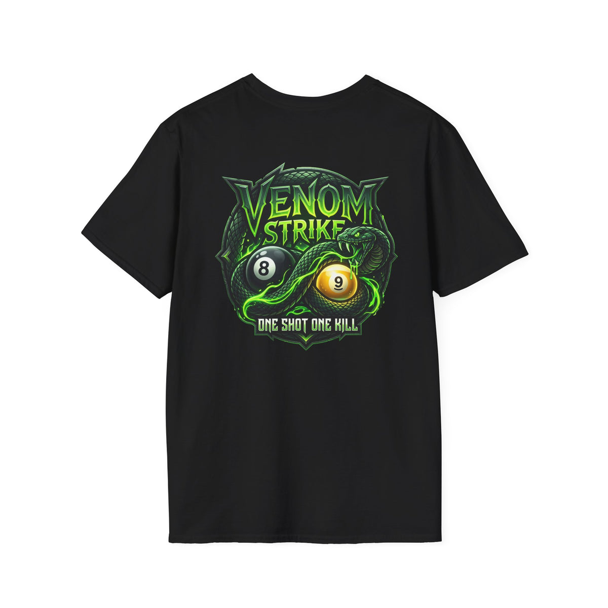 Venom Strike Snake Billiards T-Shirt | One Shot One Kill Pool Player Graphic Tee | Front & Back Print