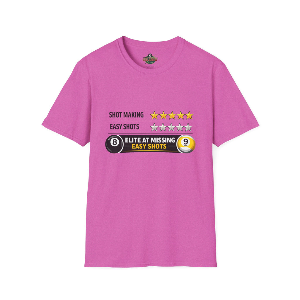 Elite At Missing Easy Shots Funny Billiards T-Shirt | 8 Ball & 9 Ball Graphic Unisex Tee | Front Print Only