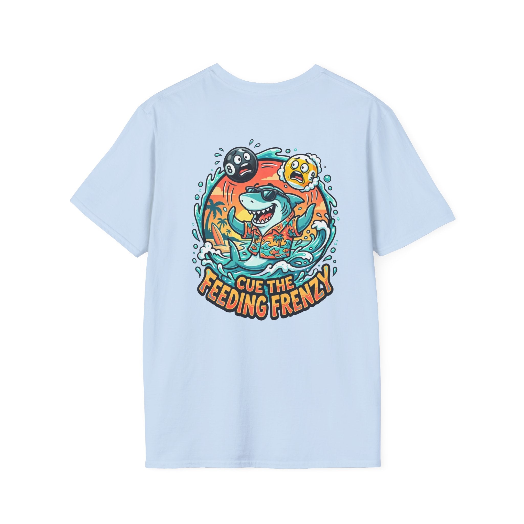 Cue the Feeding Frenzy Shark Billiards T-Shirt | Tropical Pool Player Graphic Tee | Front & Back Print
