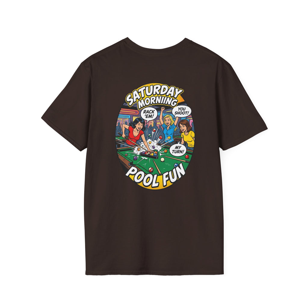 Saturday Morning Pool Fun Retro Comic Billiards T-Shirt | Funny Pool Player Graphic Tee | Front & Back Print