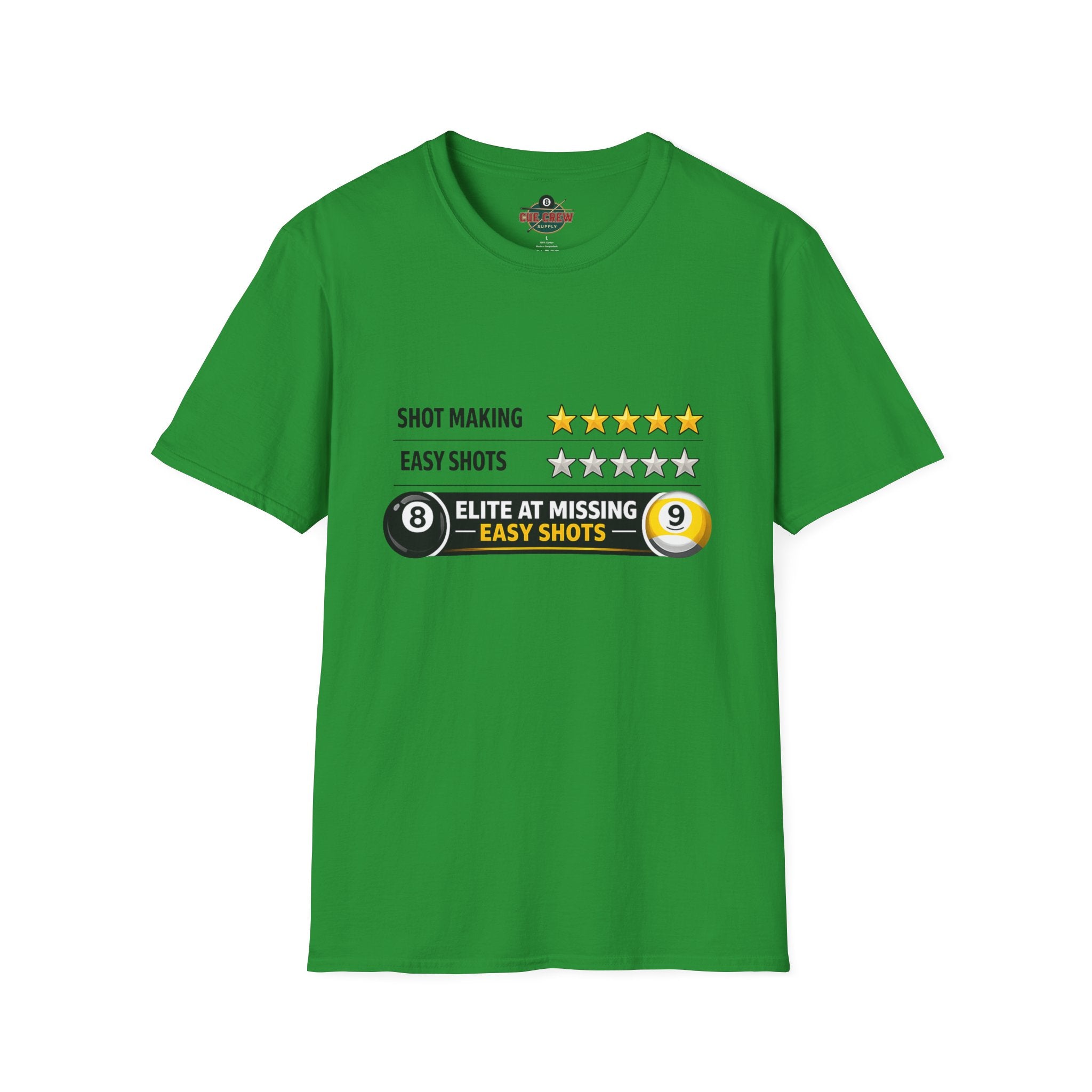 Elite At Missing Easy Shots Funny Billiards T-Shirt | 8 Ball & 9 Ball Graphic Unisex Tee | Front Print Only